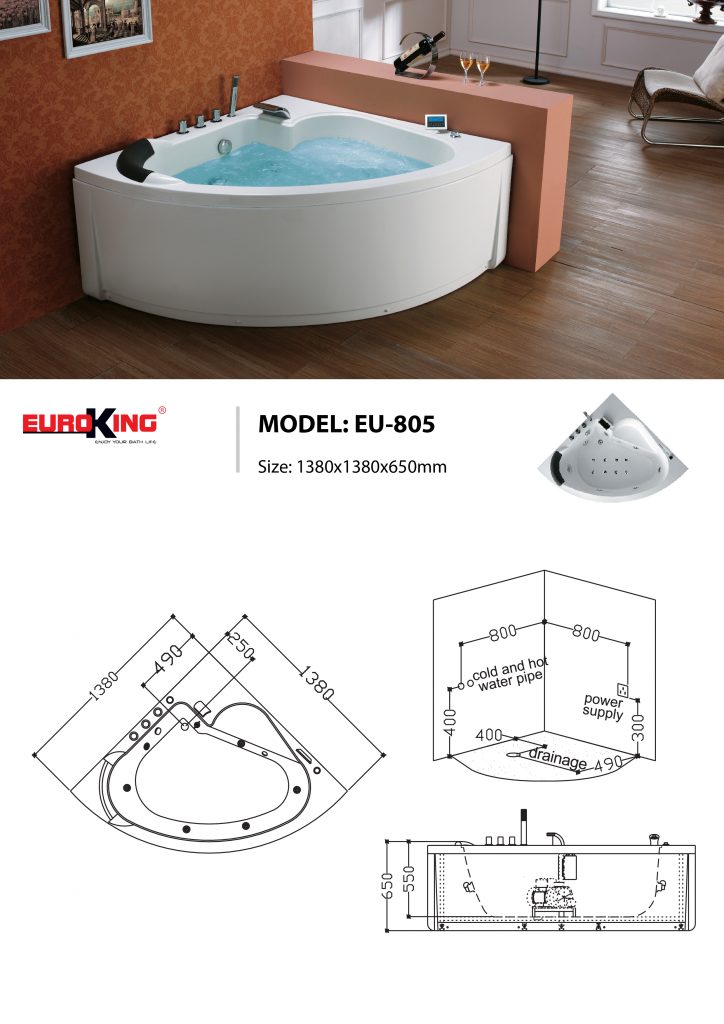 Bản vẽ sơ đồ kỹ thuật bồn tắm massage EU - 805