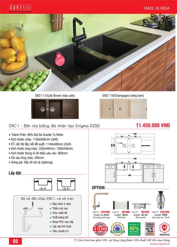 Chậu rửa chén bằng đá granite 2 hố có cánh ENC1 - Enigma D200 - Carysil