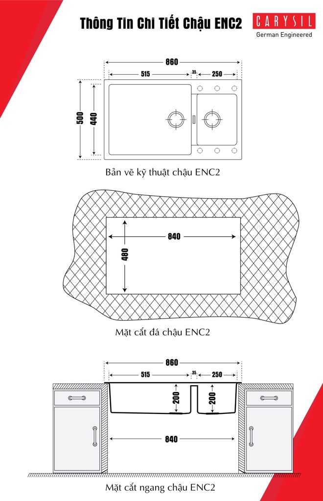 kích thước chậu rửa chén bằng đá granite ENC2