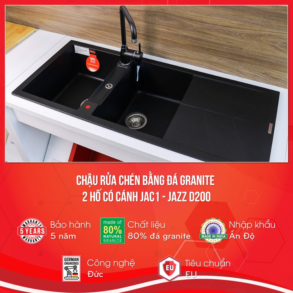 Chậu rửa chén bằng đá granite 2 hố có cánh - Jazz D200 - JAC1 Carysil