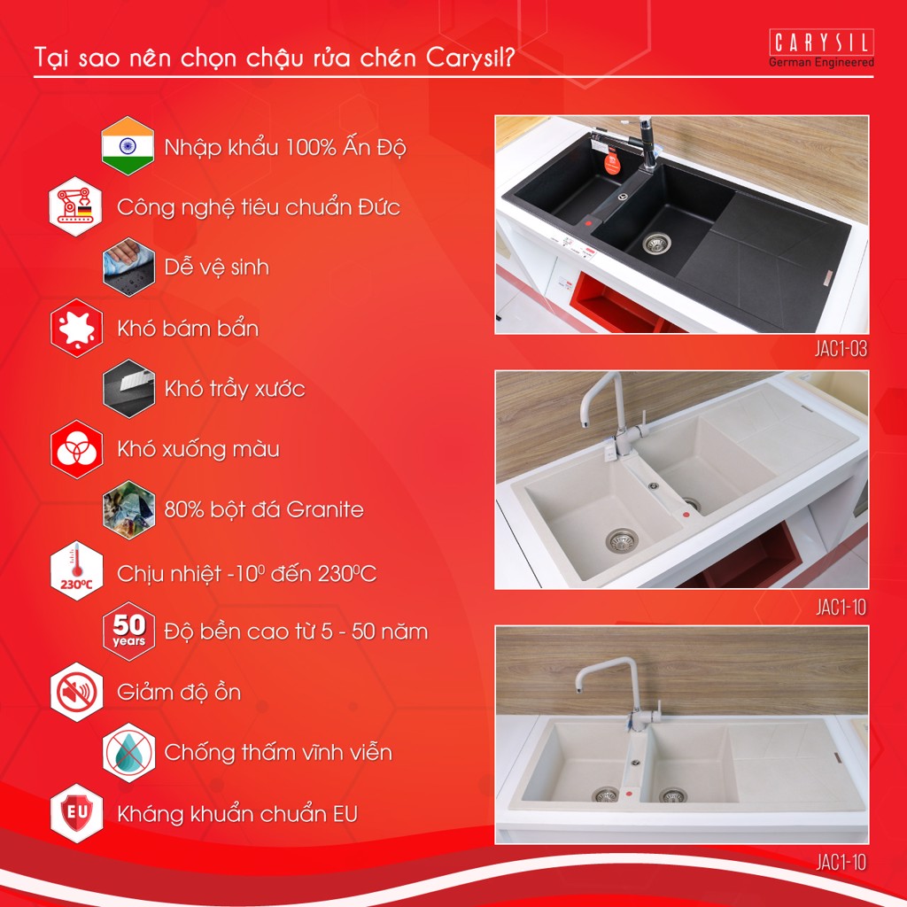 Chậu rửa chén bằng đá granite 2 hố có cánh - Jazz D200 - JAC1 Carysil