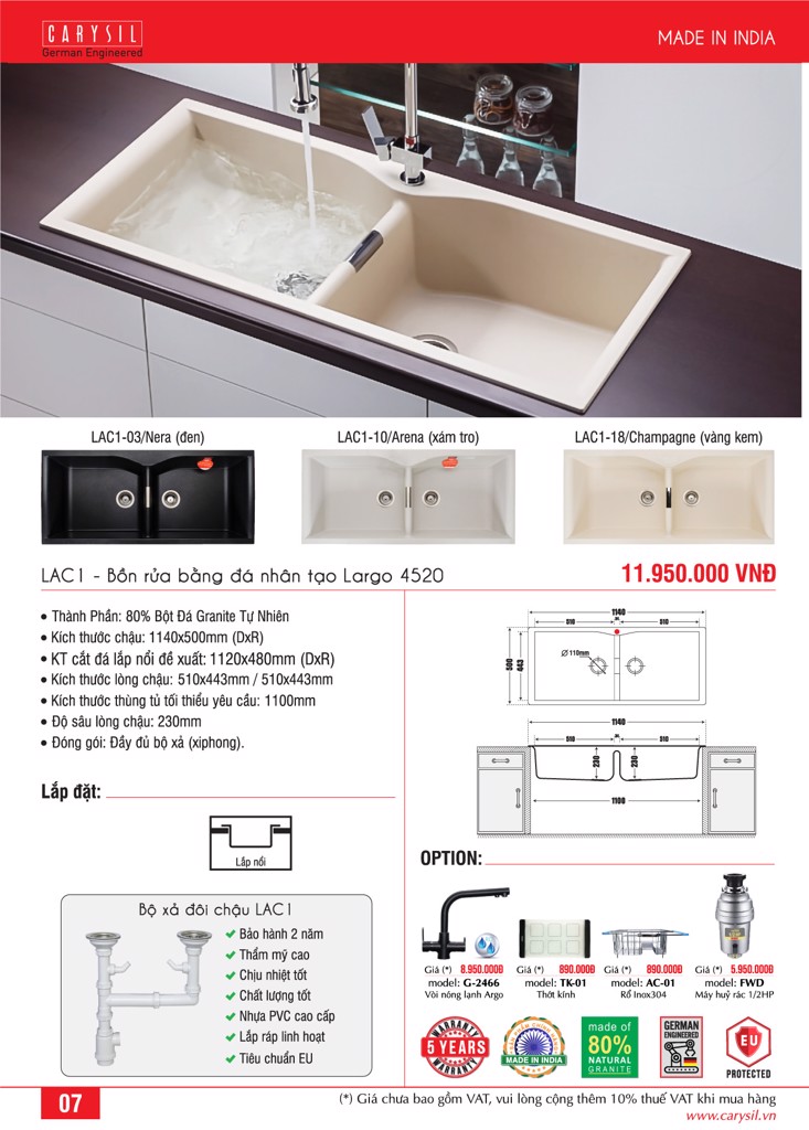 chậu rửa chén bằng đá granite LAC1 1140x500mm