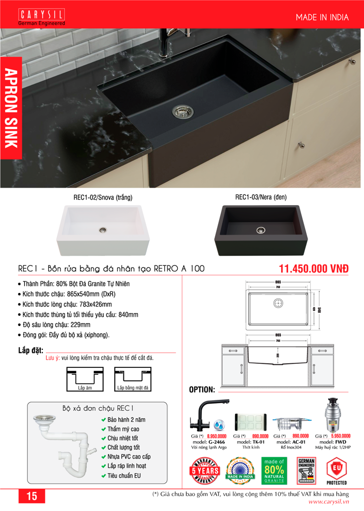 chậu rửa chén bằng đá Apronsink Farmhouse Style REC1 Carysil
