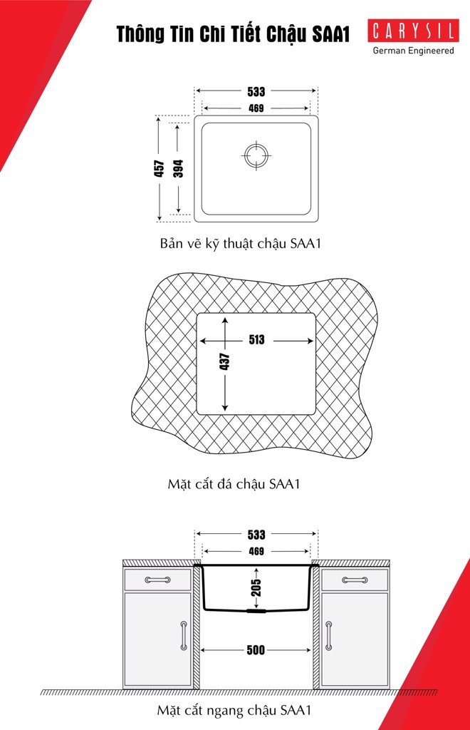 kích thước chậu rửa chén bằng đá SAA1