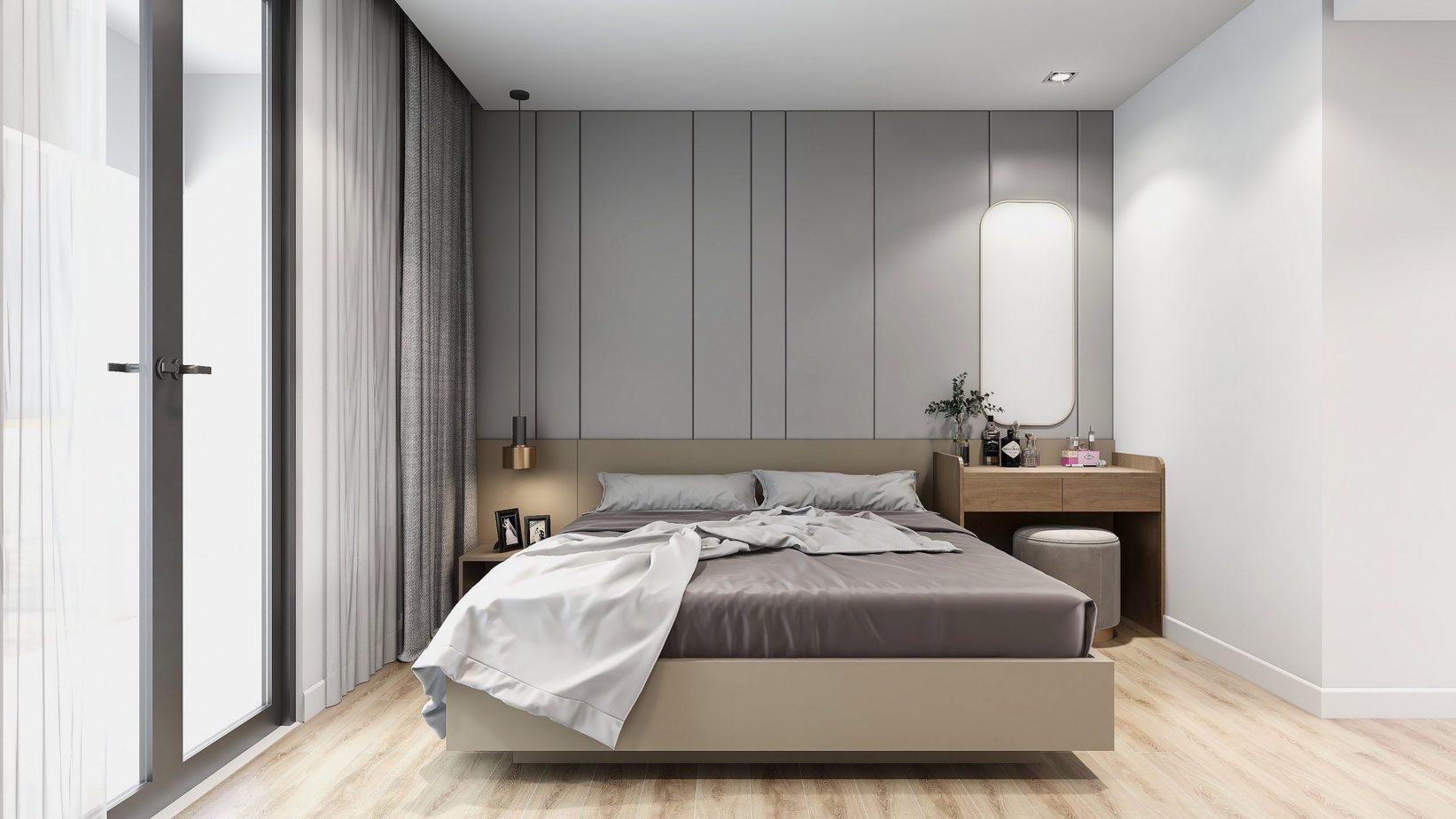 Giường ngủ, tab đầu giường đều thiết kế đơn giản với sắc ghi nhạt nhẹ nhàng, thanh lịch, mang lại cảm giác dễ chịu.