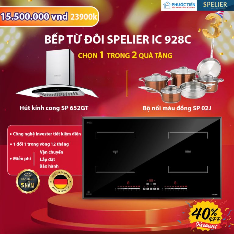 Bếp từ Spelier sp ic 928c tặng kèm hút mùi kính cong